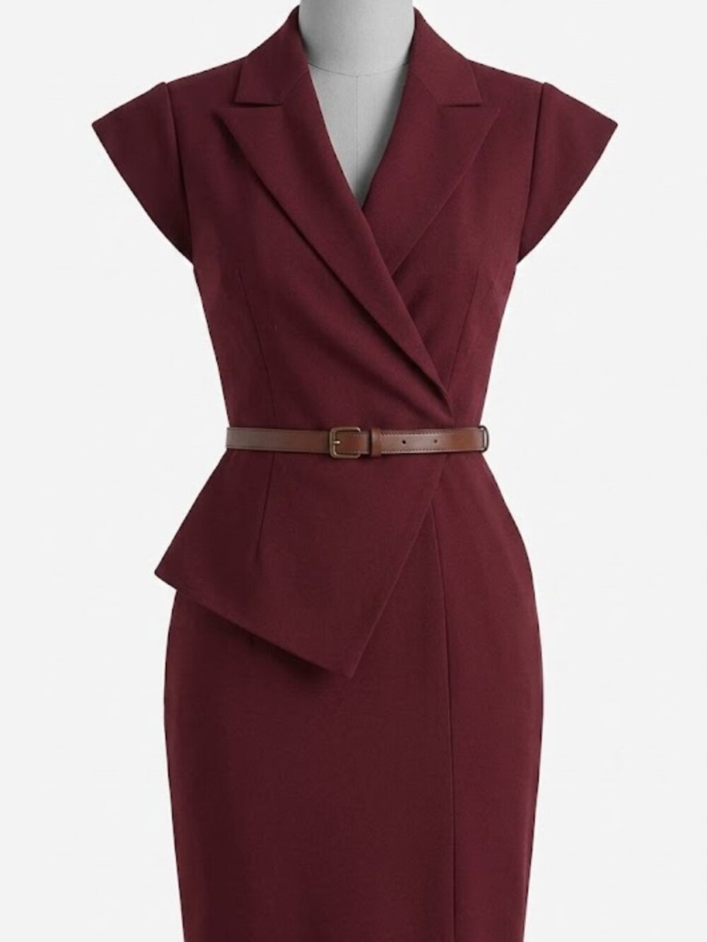 MOOYIUS Burgundy Lapel Collar Belted Peplum Midi Dress M